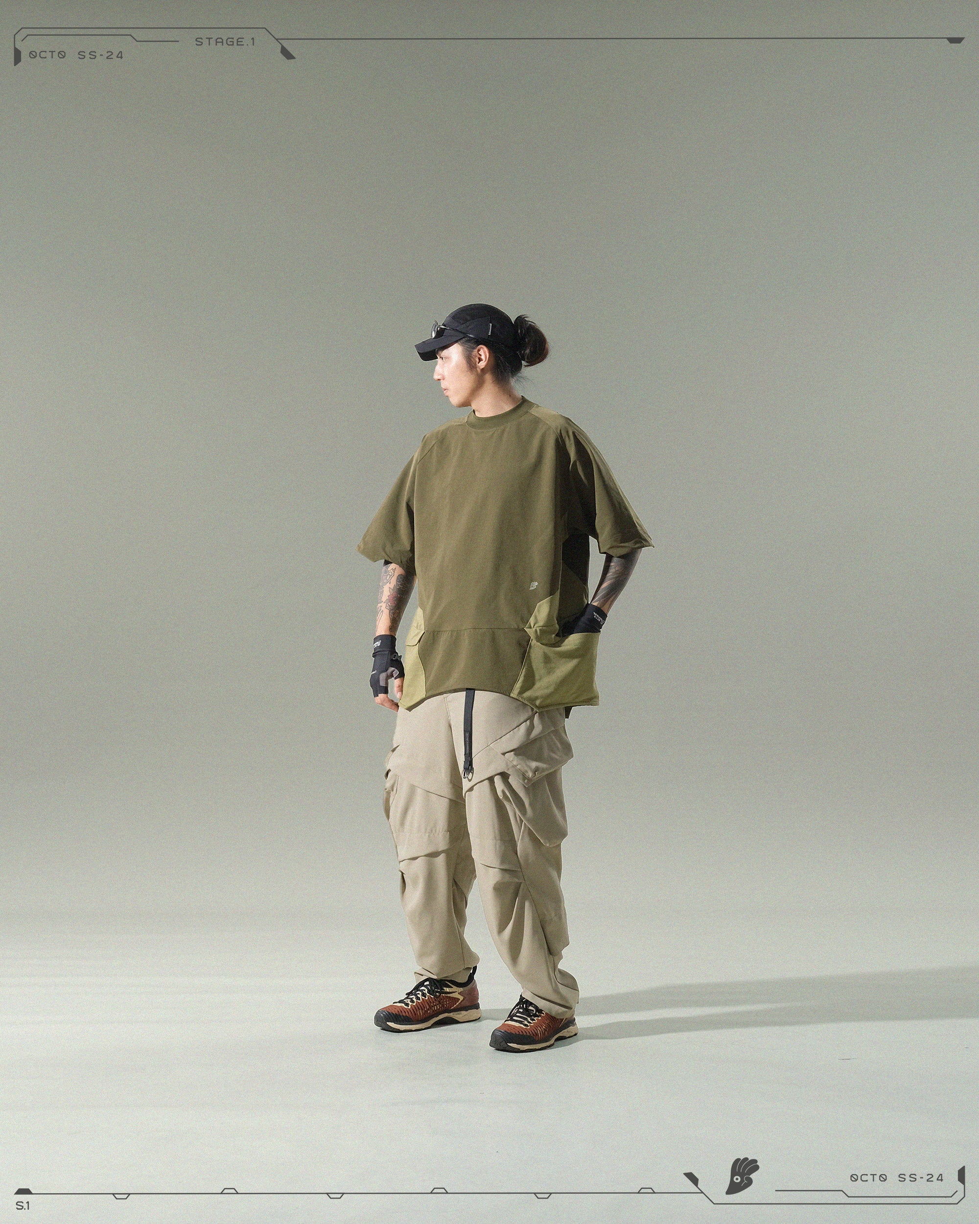 S24  / 03 —  T-01  Irregular Polygon Visor T-shirt  (Golden Brown)
