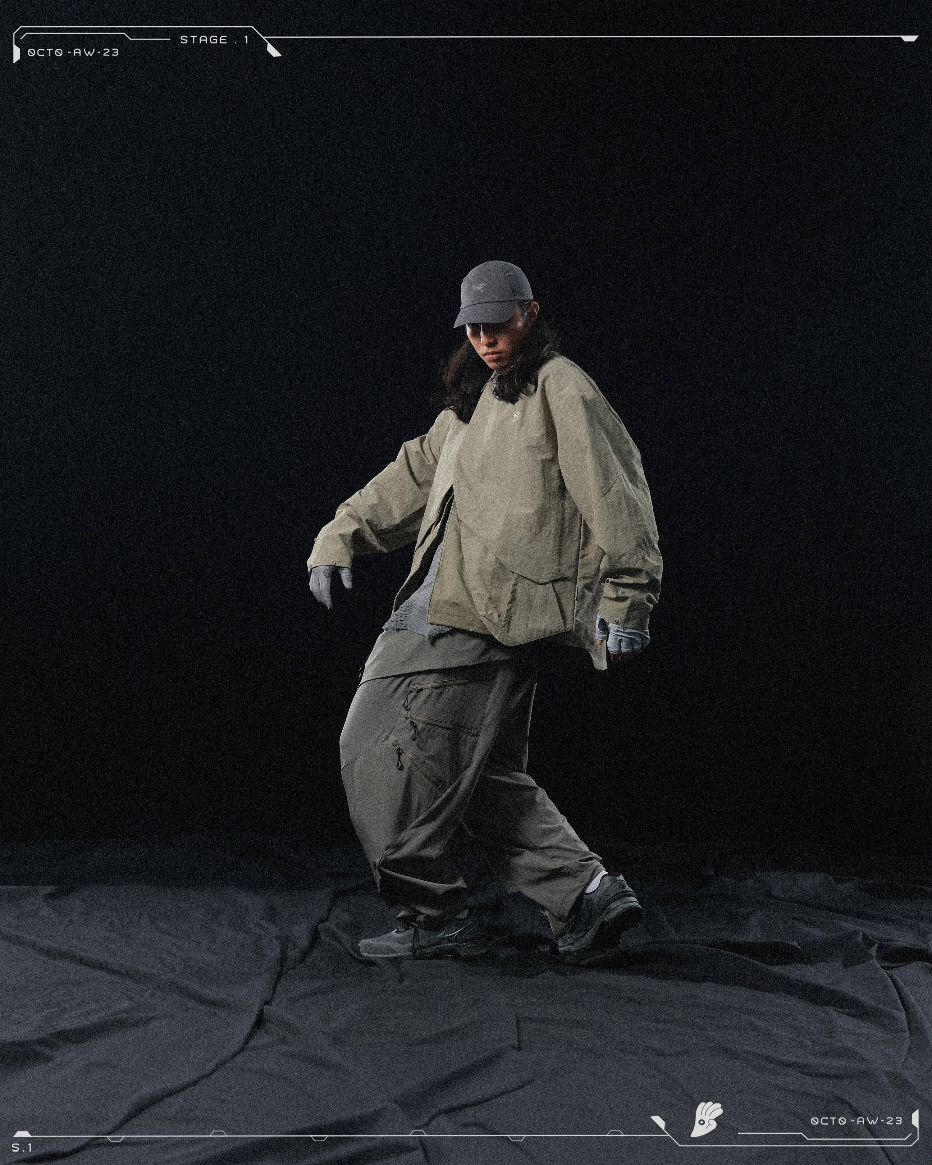 AW23 / 02 —  P23-130 Trapezoidal V-Shape Visor Arc Wide Pants  (Pewter Green)