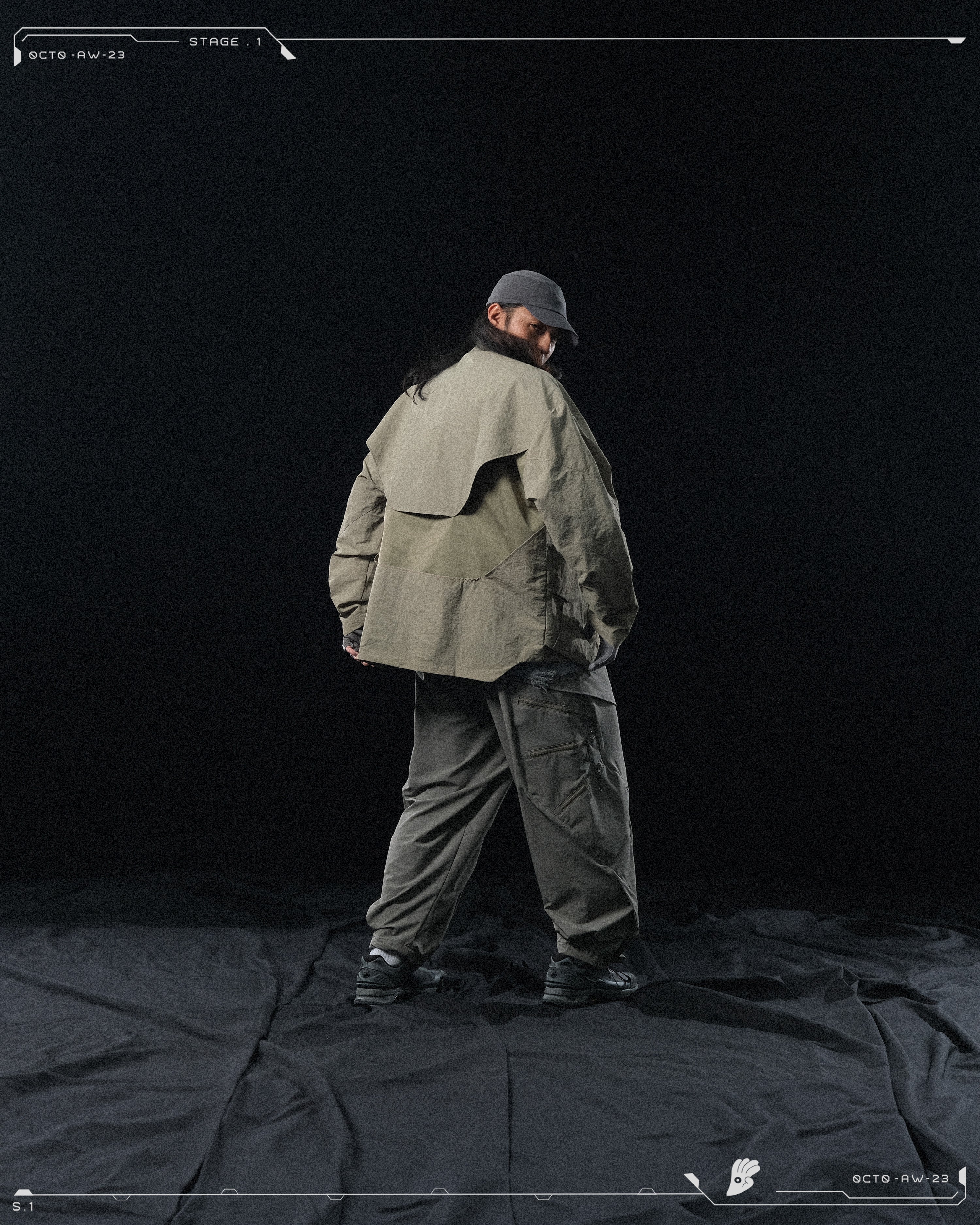 AW23 / 02 —  P23-130 Trapezoidal V-Shape Visor Arc Wide Pants  (Pewter Green)