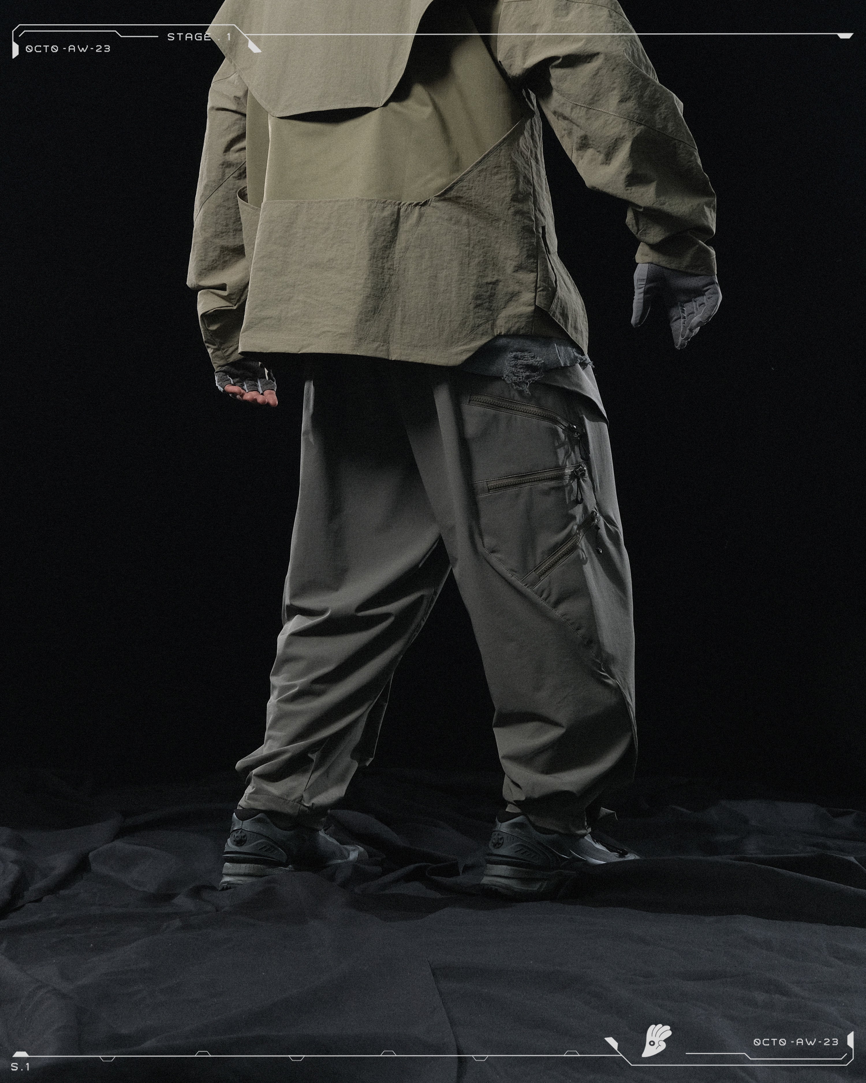 AW23 / 02 —  P23-130 Trapezoidal V-Shape Visor Arc Wide Pants  (Pewter Green)