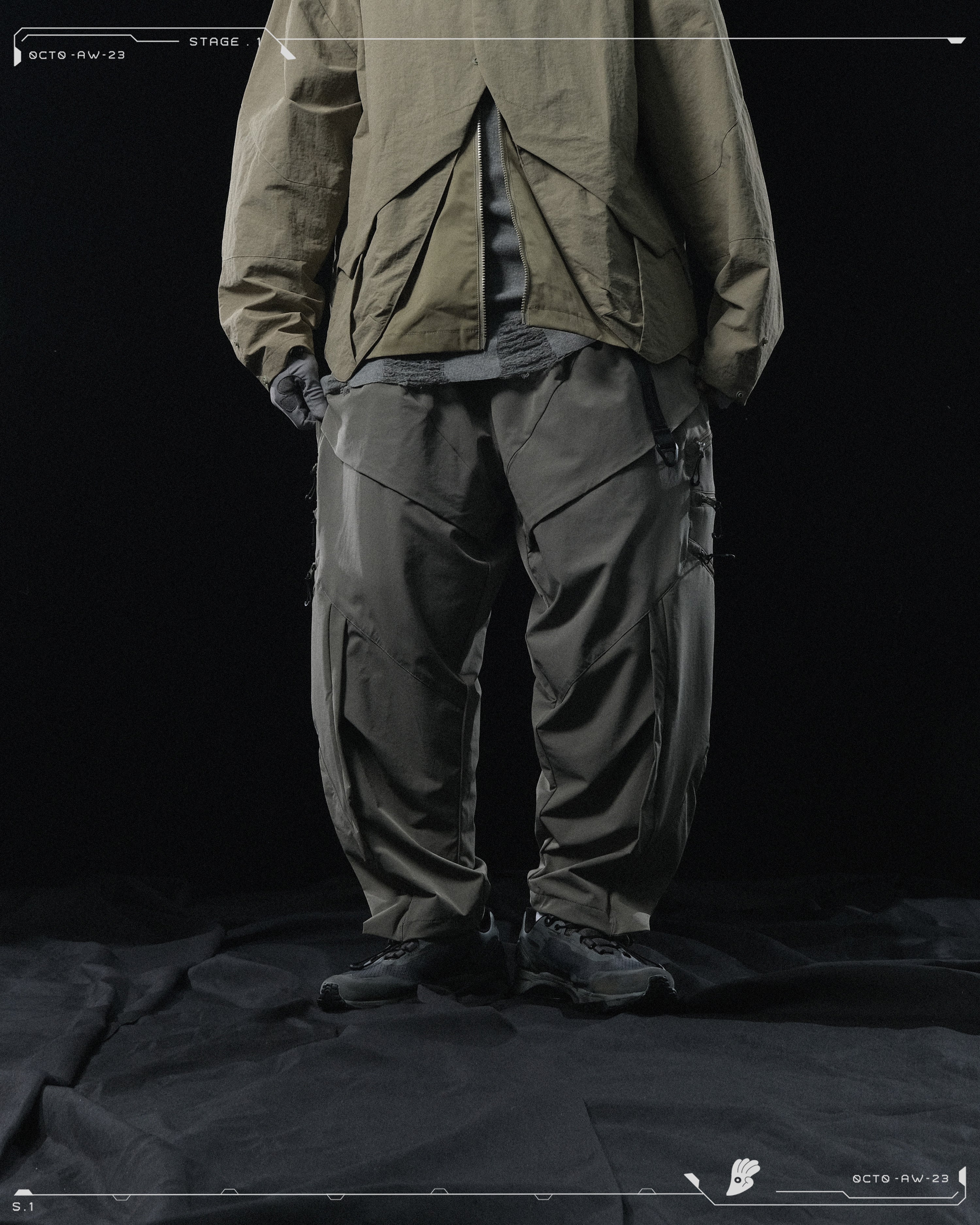 AW23 / 02 —  P23-130 Trapezoidal V-Shape Visor Arc Wide Pants  (Pewter Green)