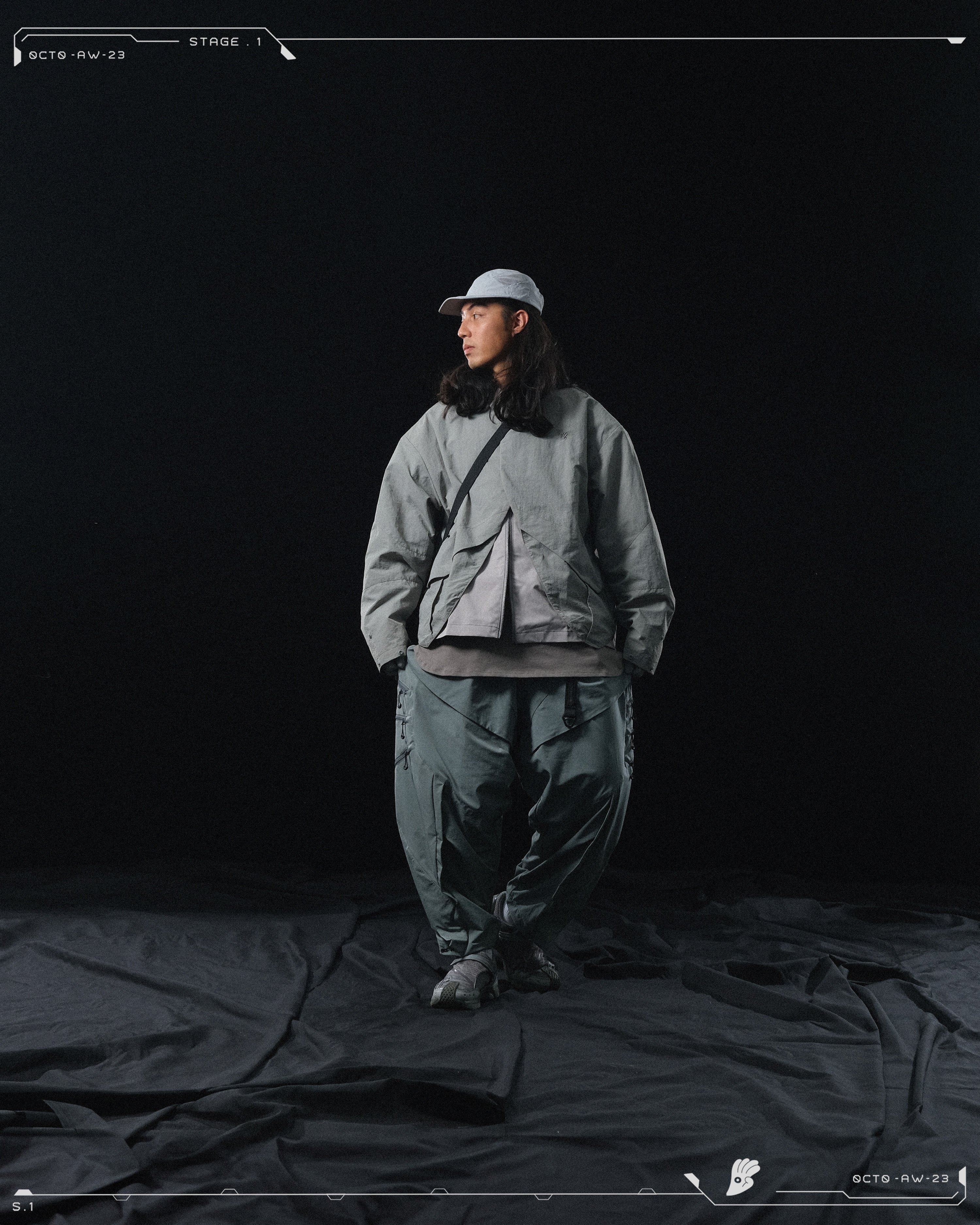 AW23 / 02 —  P23-130 Trapezoidal V-Shape Visor Arc Wide Pants  (Slate Grey)