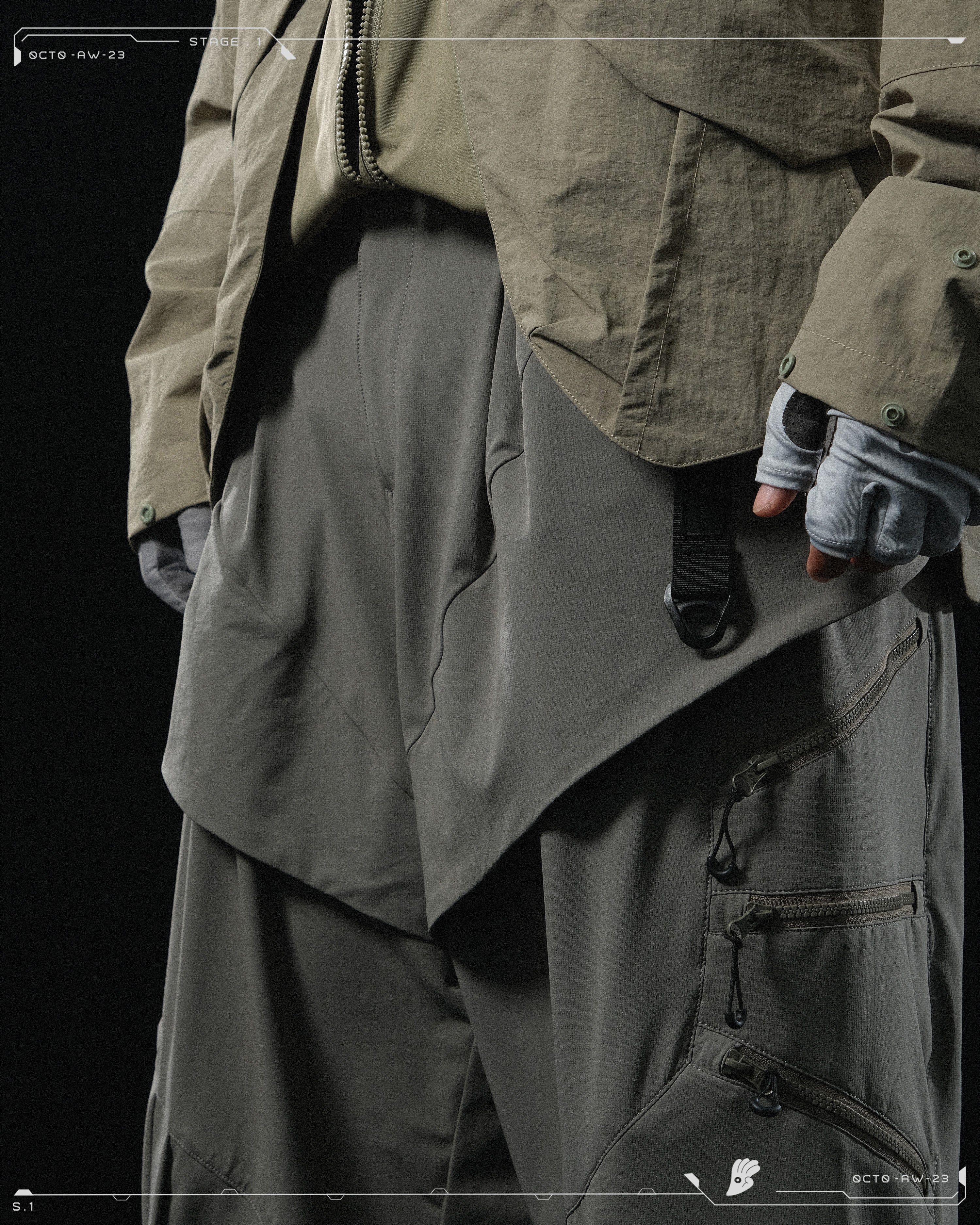 AW23 / 02 —  P23-130 Trapezoidal V-Shape Visor Arc Wide Pants  (Pewter Green)