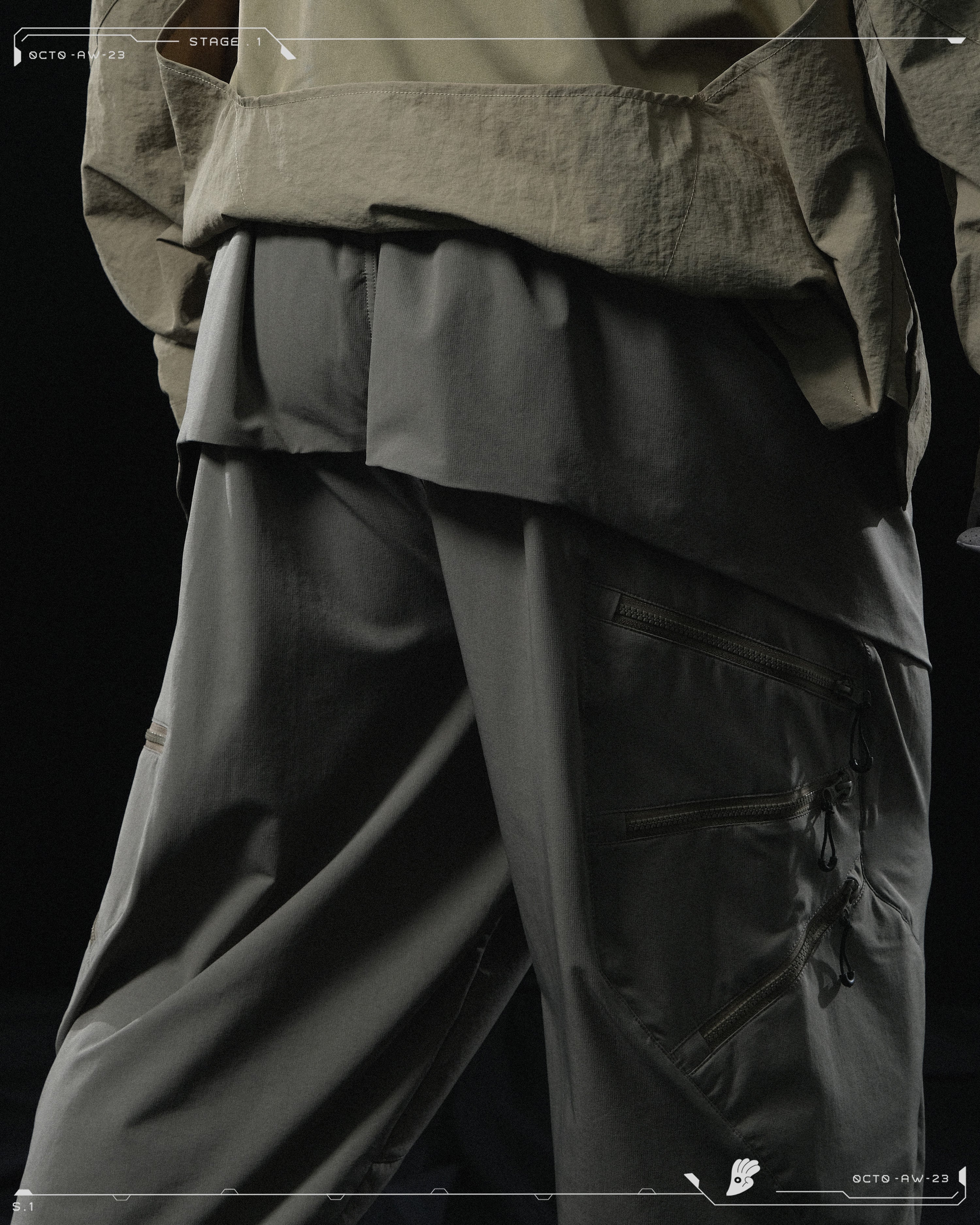 AW23 / 02 —  P23-130 Trapezoidal V-Shape Visor Arc Wide Pants  (Pewter Green)