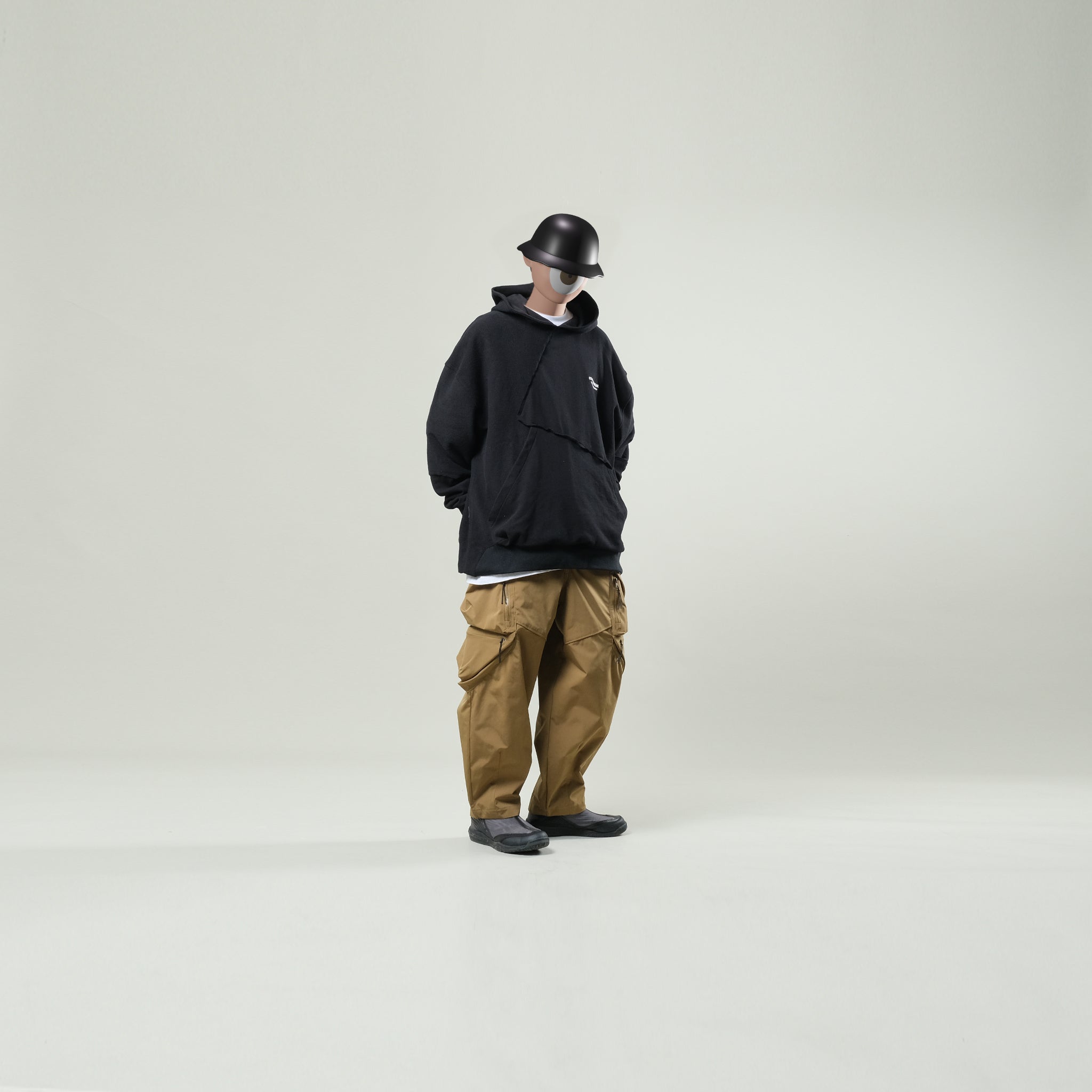 Capsule Series / CD076 Frayed-hem Patchwork Hoodie (Black)