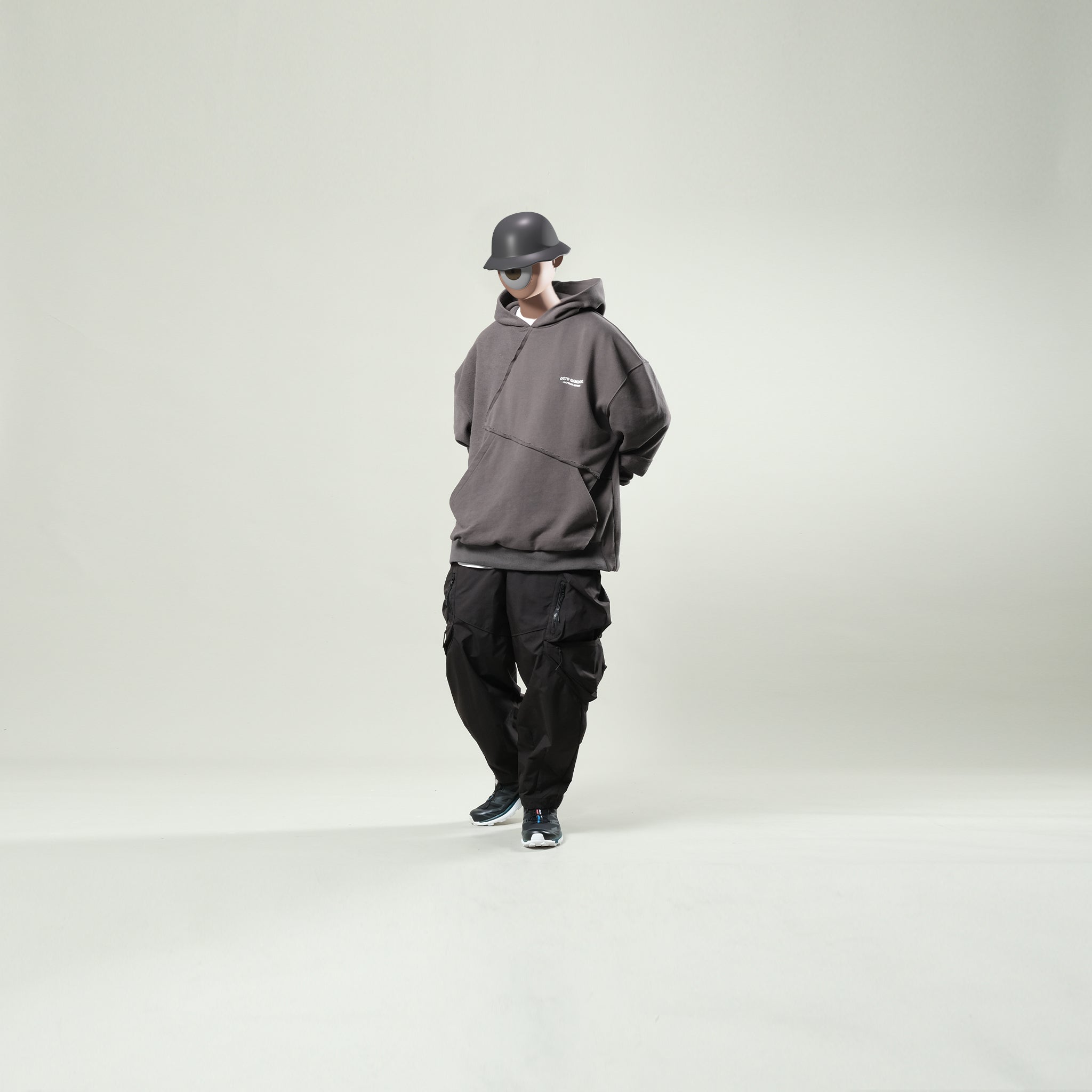 Capsule Series / CD076 Frayed-hem Patchwork Hoodie (Dark Grey)