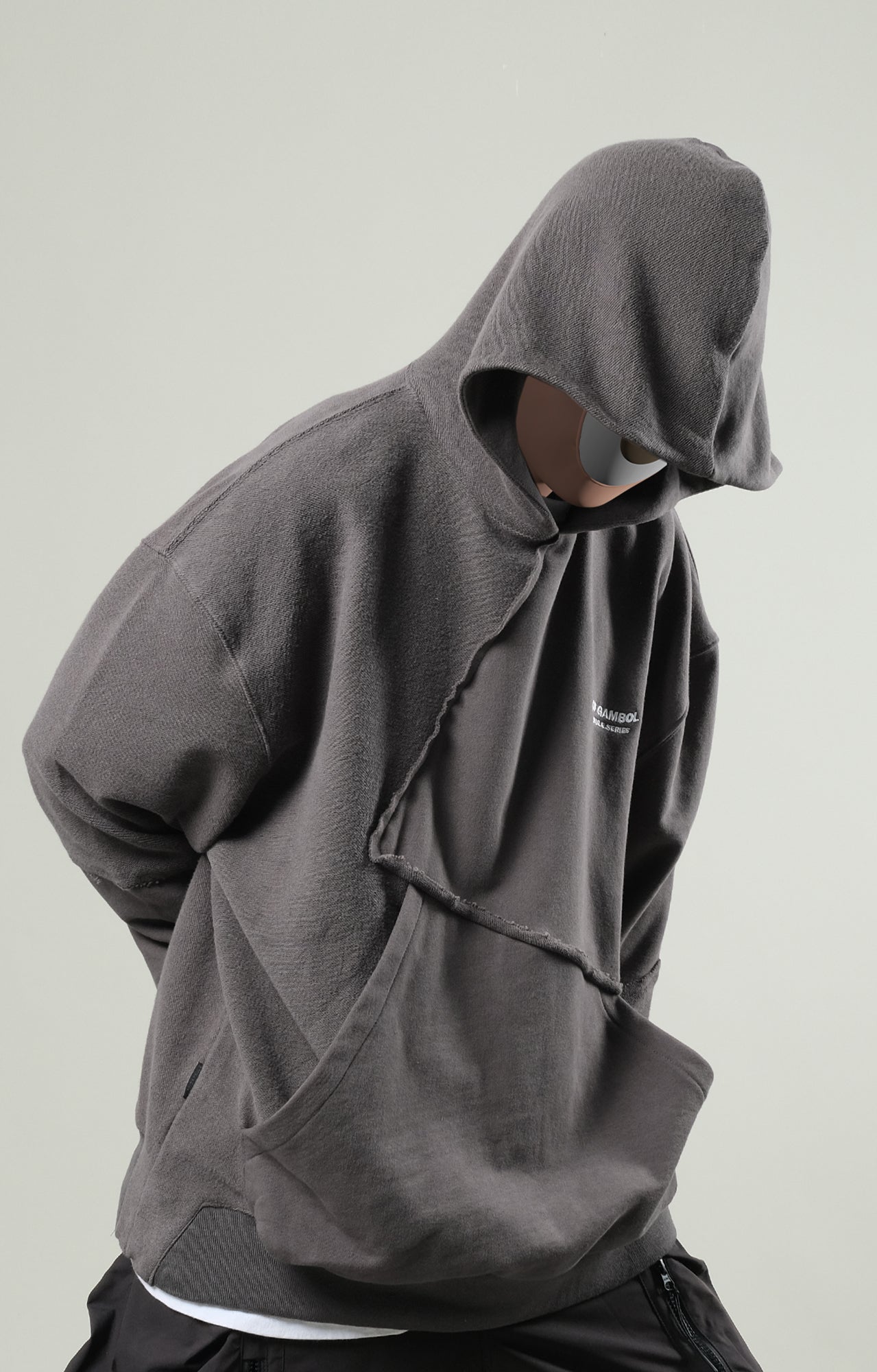 Capsule Series / CD076 Frayed-hem Patchwork Hoodie (Dark Grey)
